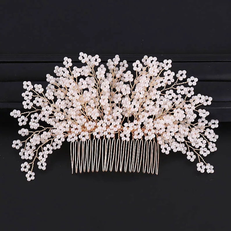 Gold Handmade Flower Pearl Hair Combs Bride Noiva Tiara Headpiece Bridal Hair Jewelry Women Wedding Hair Accessories,pearl headband,tiara image 1