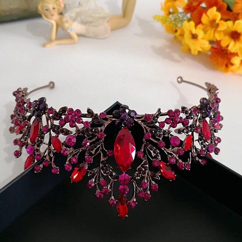 wedding Baroque Handmade Elegant Crystal Hair Crown Tiara Red Princess Rhinestone Hair Ornaments Hairband Prom Bride Wedding Accessories