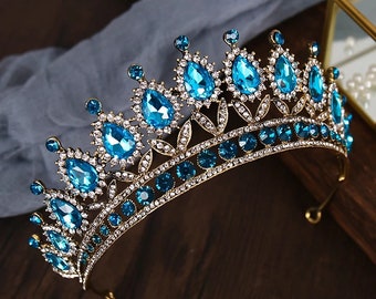 Blue Crown Silver Crystal Wedding Crown Rhinestone Bridal Tiara