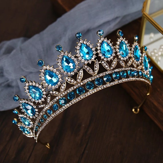Braut Krone Tiara Diadem, Luxus Blau Strass Kristall Braut Tiara