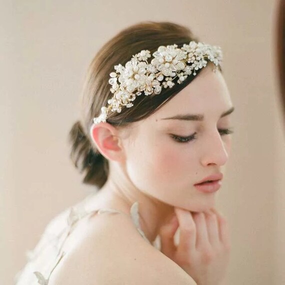 Wedding Pearl Bridal Wreath ,Flower Headband Bride Hair Vines Headwear Hair Jewelry,Golden/Silver Leaf Tiara ,Silver Rhinestone Handmade Tiara,Temu