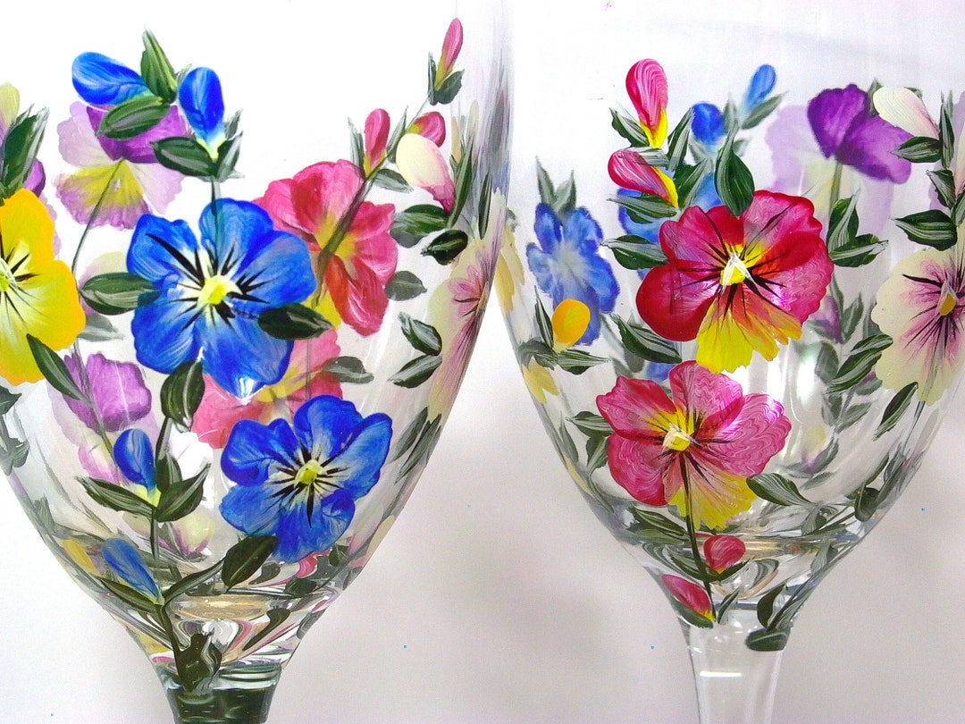 Hand Painted White Wine Glasses With Pansies on set of 2 Etsy