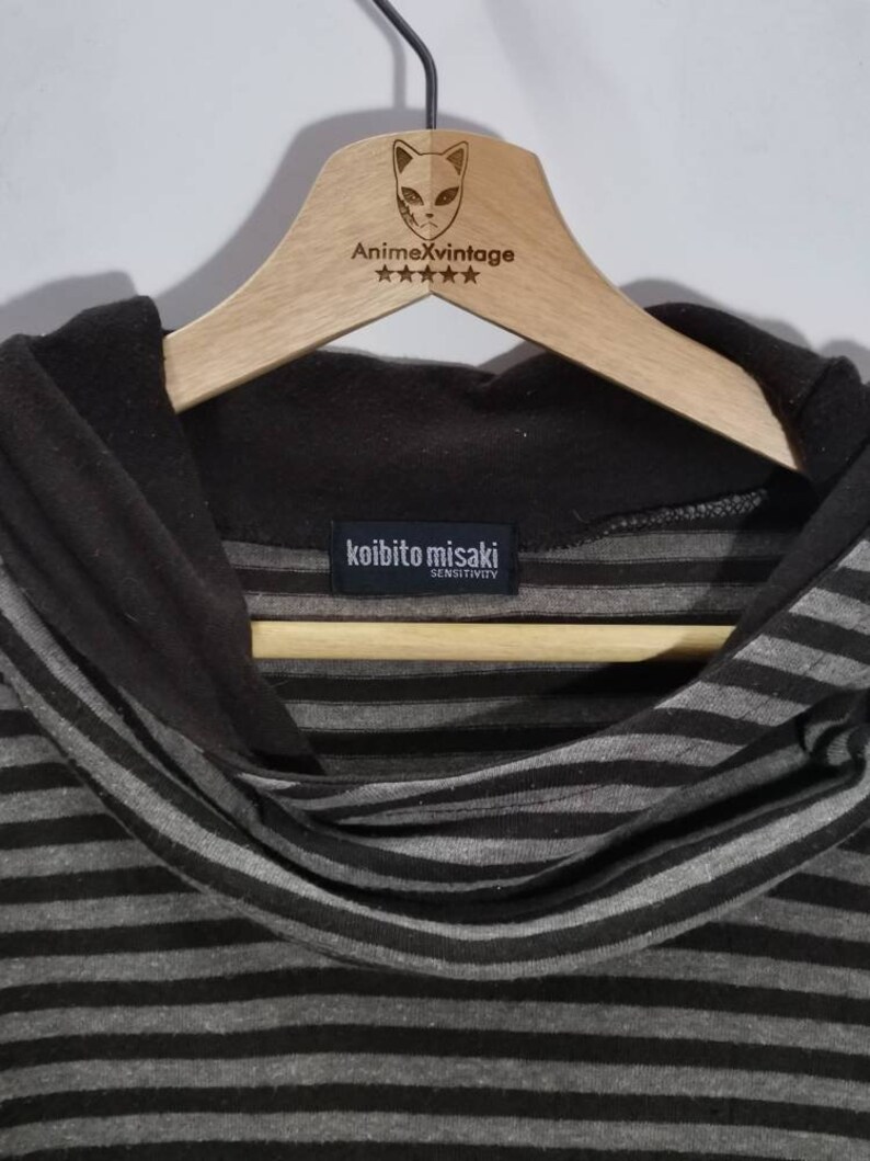 Vintage 90s KOIBITO MISAKI Sensitivity Pullover Japanese designer jumper hoodie stripe pattern long-sleeved distressed Black colour size M