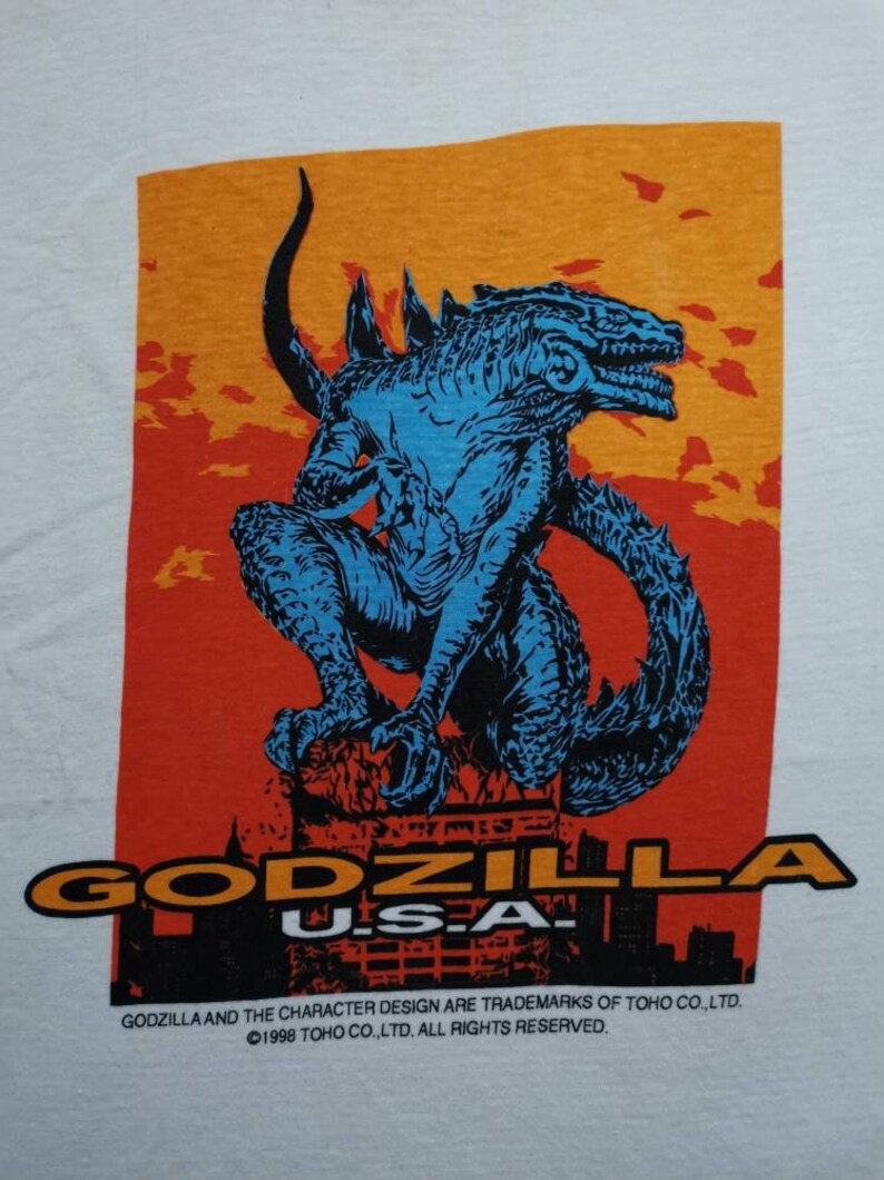 Vintage 90s GODZILLA USA T-shirt graphic tee sci fi action Movie 1998 100/% cotton white colour streetwear size L