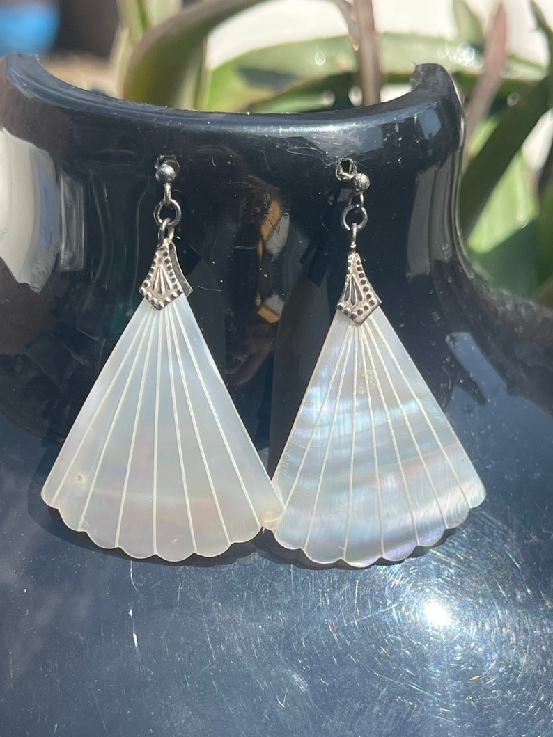 Vintage Mother of Pearl Fan Earrings Mop Fan Shaped Etsy