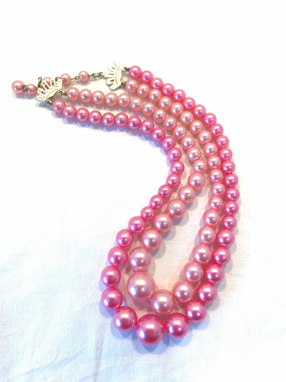 Vintage pink faux pearl necklace, 2 strand pink fa