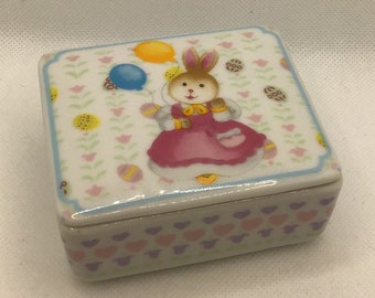 Vintage made in Japan Cute Bunny with balloons porcelain trinket box