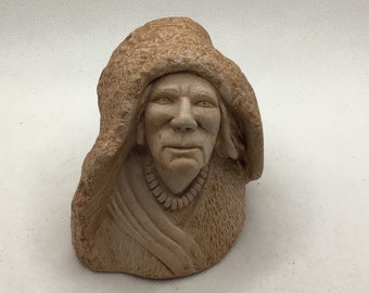 Roger Wermers Stonehead Sculpture of Old Woman Native American signed