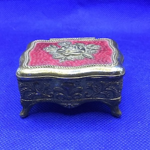 Victorian Footed Goldtone Trinket Box, Red Rose Floral Art
