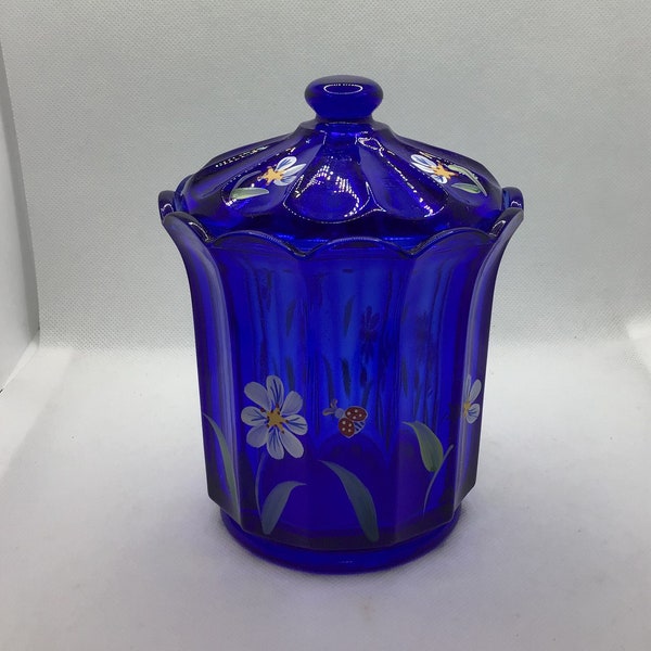 Fenton Cobalt Blue Hand Painted Signed Jar with Lid