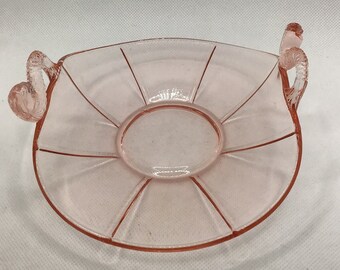 Vintage Pink Depression Glass Bowl Koi Fish Handle