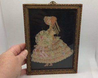 Vintage Ribbon and Lace Fabric Collage and Picture Girl in Pink Dress