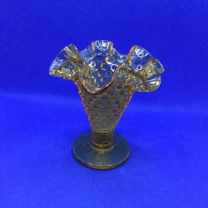 Fenton Amber Hobnail Crimped Glass Vase 4 inches