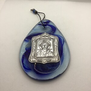 Vintage Jesus Silver/Metal Icon on Blue Glass from Greece
