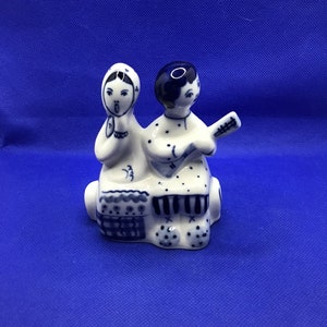 Vintage Hand Painted Small USSR Gzhel Porcelain Figurine of Two Ladies