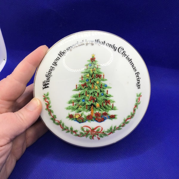 Vintage Round porcelain trinket box with lid Christmas Tree