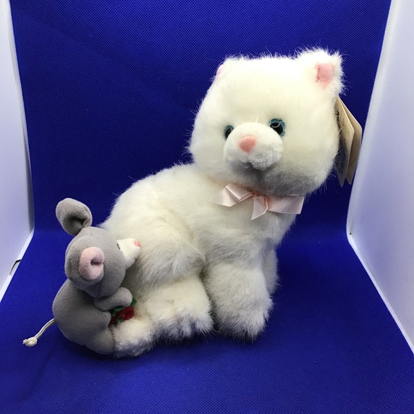 Vintage Russ Caress Soft Pet White cat with Christmas Mouse