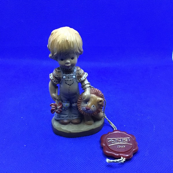 Vintage Hand Carved/Painted Wooden ANRI Italy Sarah Kay - Tag Along/Boy with Lion Figurine.