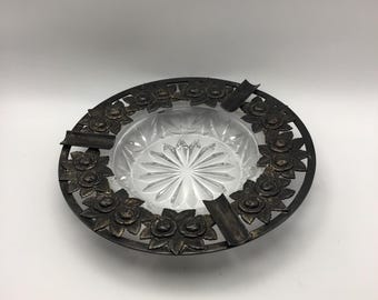 Vintage Mid-Century Rose Ashtray with Cut Glass Insert, 1950s Silver-Plated Embossed Floral Cigar Cigarette Holder, Hefra Resovia Style
