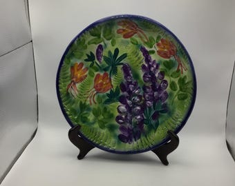 Sydney Bishop Ceramic Pottery Textured Floral Hand Crafted Painted Decorative Signed Plate
