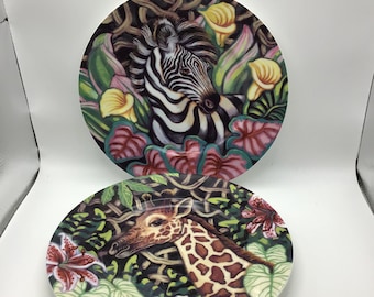 Fitz & Floyd Exotic Jungle Pattern Salad Plates - set of two Zebra and Giraffe 9 1/4"