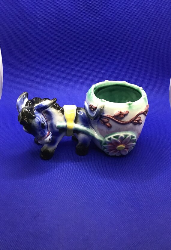 Vintage Donkey Pulling Cart Blue and Teal Floral Ceramic Etsy