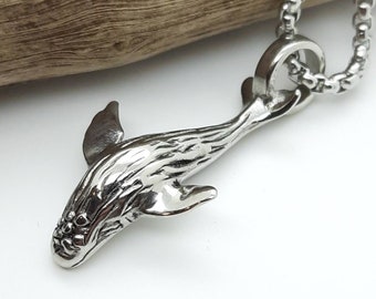 Sterling Silver Womens 1mm Box Chain 3D Swimming Humpback Whale Pendant Necklace Sterling Silver Womens 1mm Box Chain 3D Swimming Humpback Whale Pendant Necklace