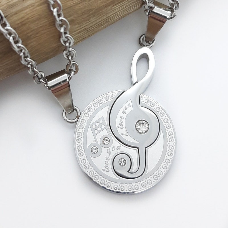 Couples interlocking music notes pendant necklaces, matching lovers pendants, musical note necklaces for couples