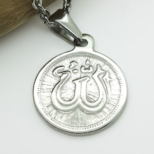 Allah symbol necklace, Allah pendant, silver Muslim symbol medallion, Islamic Allah charm