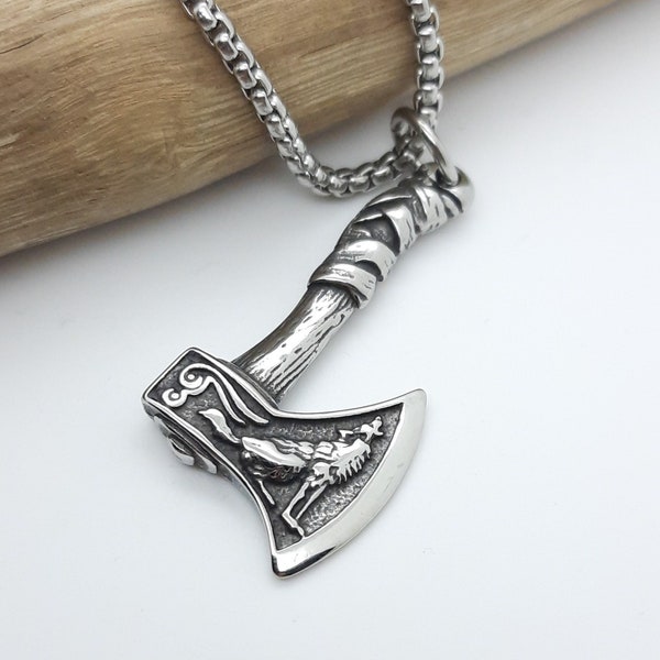 Viking axe necklace, skeggox pendant with odins raven and fenrir, bearded axe, mens viking necklaces