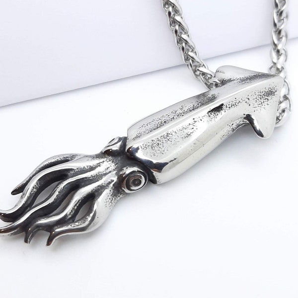 Squid pendant necklace calamari cephalopod stainless steel necklace sealife gifts for men women