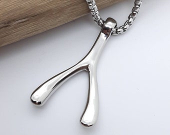Wishbone pendant necklace, good luck charm necklace, stainless steel necklace