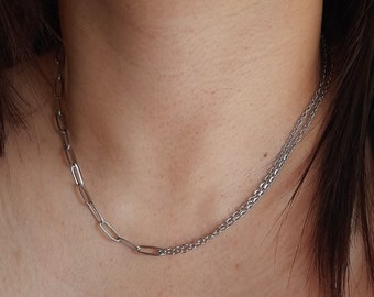 Damen Kette Halskette Choker halbe Büroklammer und doppelte Kabelkette einzigartige Boho Halsketten für Frauen