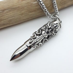 Bullet capsule pendant necklace with dragons and sword emblem, capsule pendant, imitation bullet, cremation necklace image 1