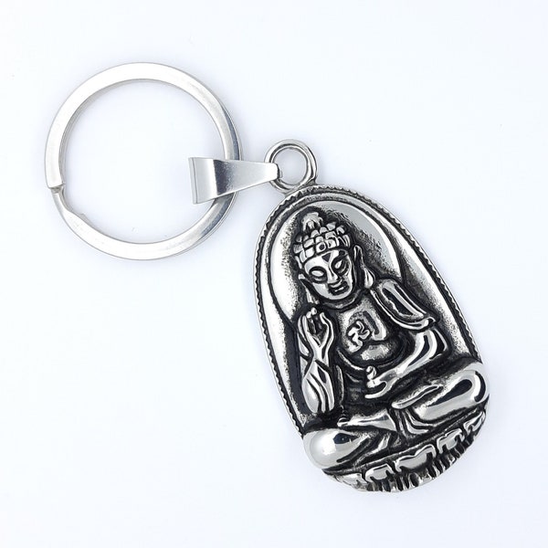 Buddha Schlüsselanhänger, Siddhartha Gautama Buddha Schlüsselanhänger, großer Edelstahl Schlüsselanhänger Karma sitzender Buddha