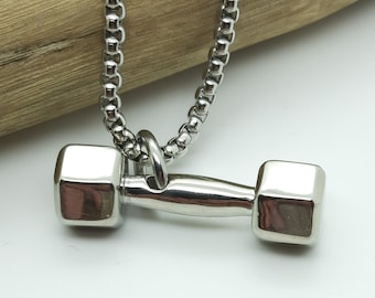 Dumbbell necklace, mens weight training pendant necklace