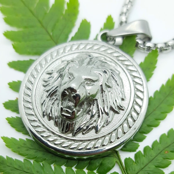 Lions face medallion necklace, mens lion necklace, lion of Judah, silver lion pendant, stainless steel