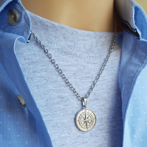 Silver Compass Mens Necklace North Star 