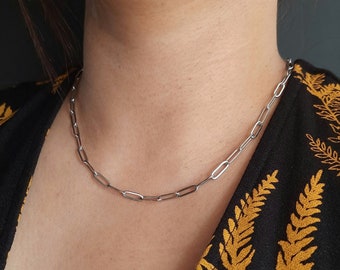 Paperclip chain necklace for women, 4mm paperclip link chain, choker, silver stainless steel