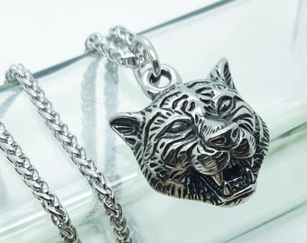 Collier Chaîne Longue Avec Pendentif Tête De Mort Et Tête De Tigre - Style Biker En Acier Inox - Neuf Avec étiquettes
