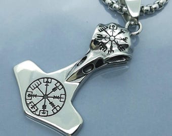 Raven skull necklace viking compass vegvisir pendant thors hammer gifts for men