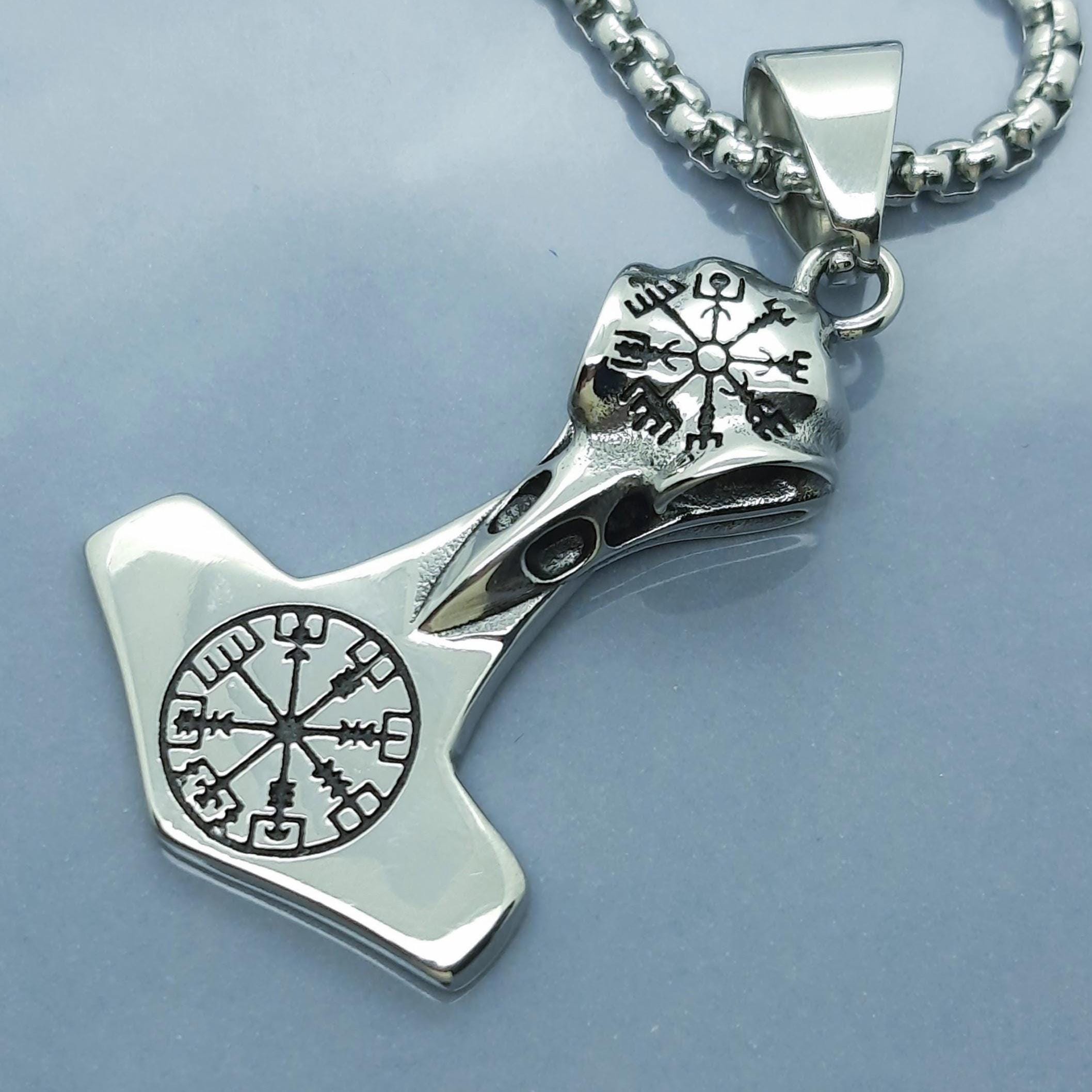 Collana Uomo Nordica Con Ciondolo Teschio Vegvisir E Corvo - Acciaio Inox