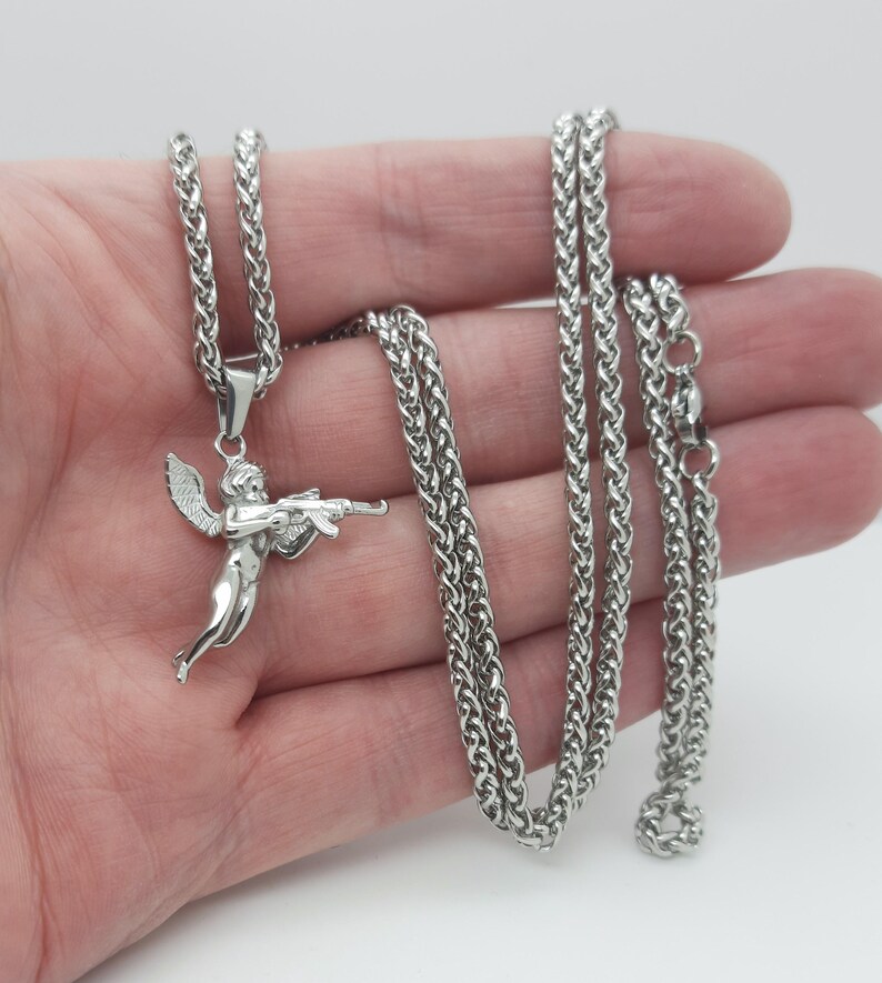 Collana con ciondolo a forma di pistola di Cupido, angelo cherubino, per uomo e donna immagine 10