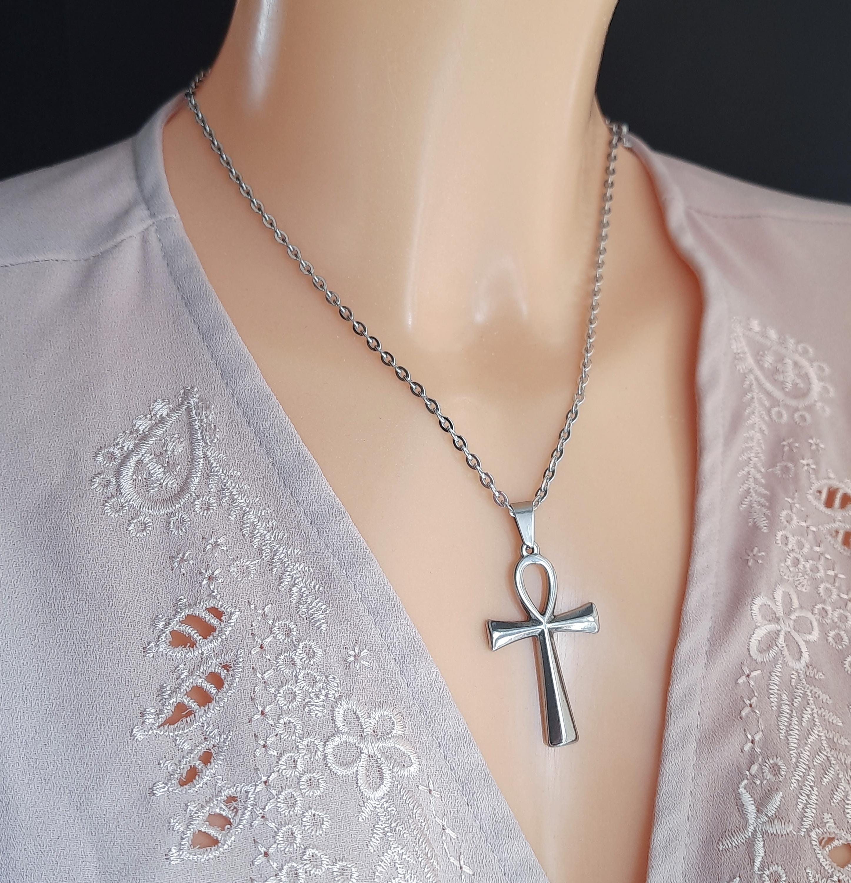 Collana con ciondolo a forma di croce Ankh in argento Sterling 925, con ciondolo a forma di chiave della vita, anello, collana con ciondolo a forma di croce Ankh in argento Sterling