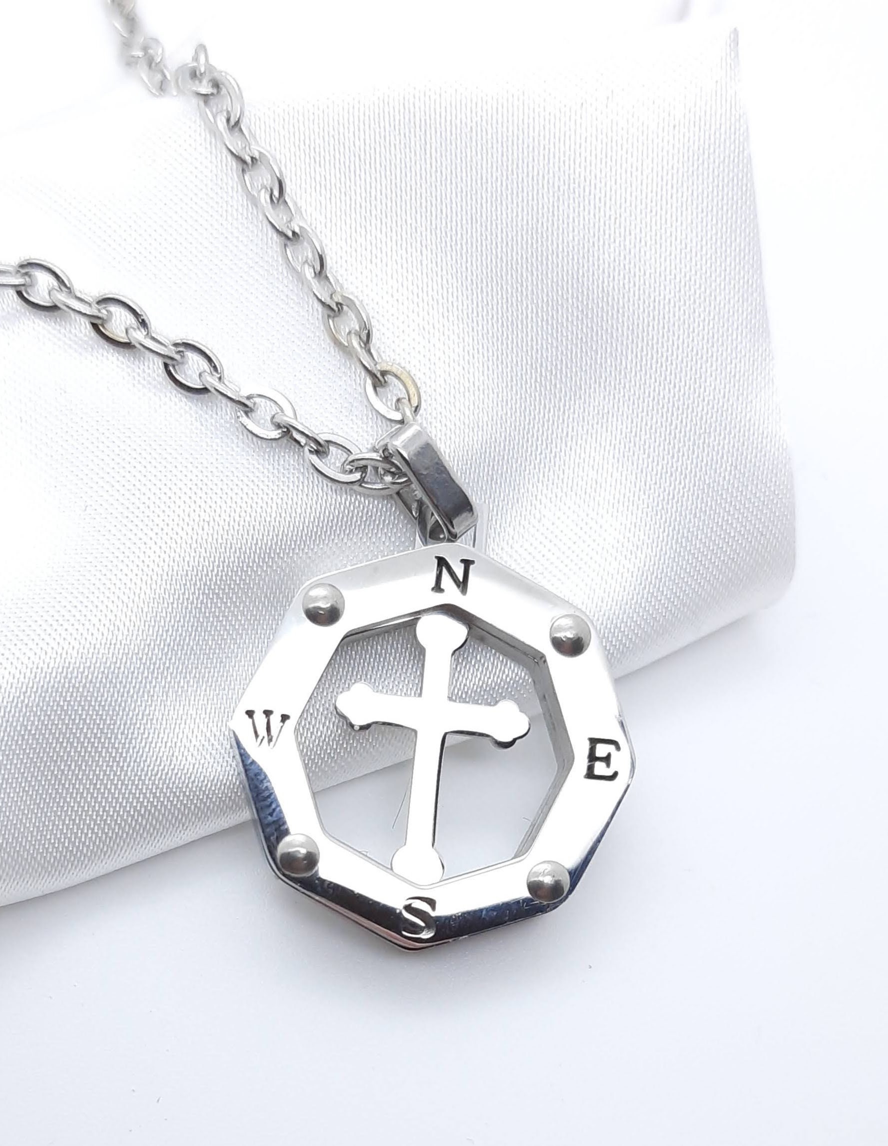 Compass Necklace Cross Silver Compass With Cross Womens Etsy UK