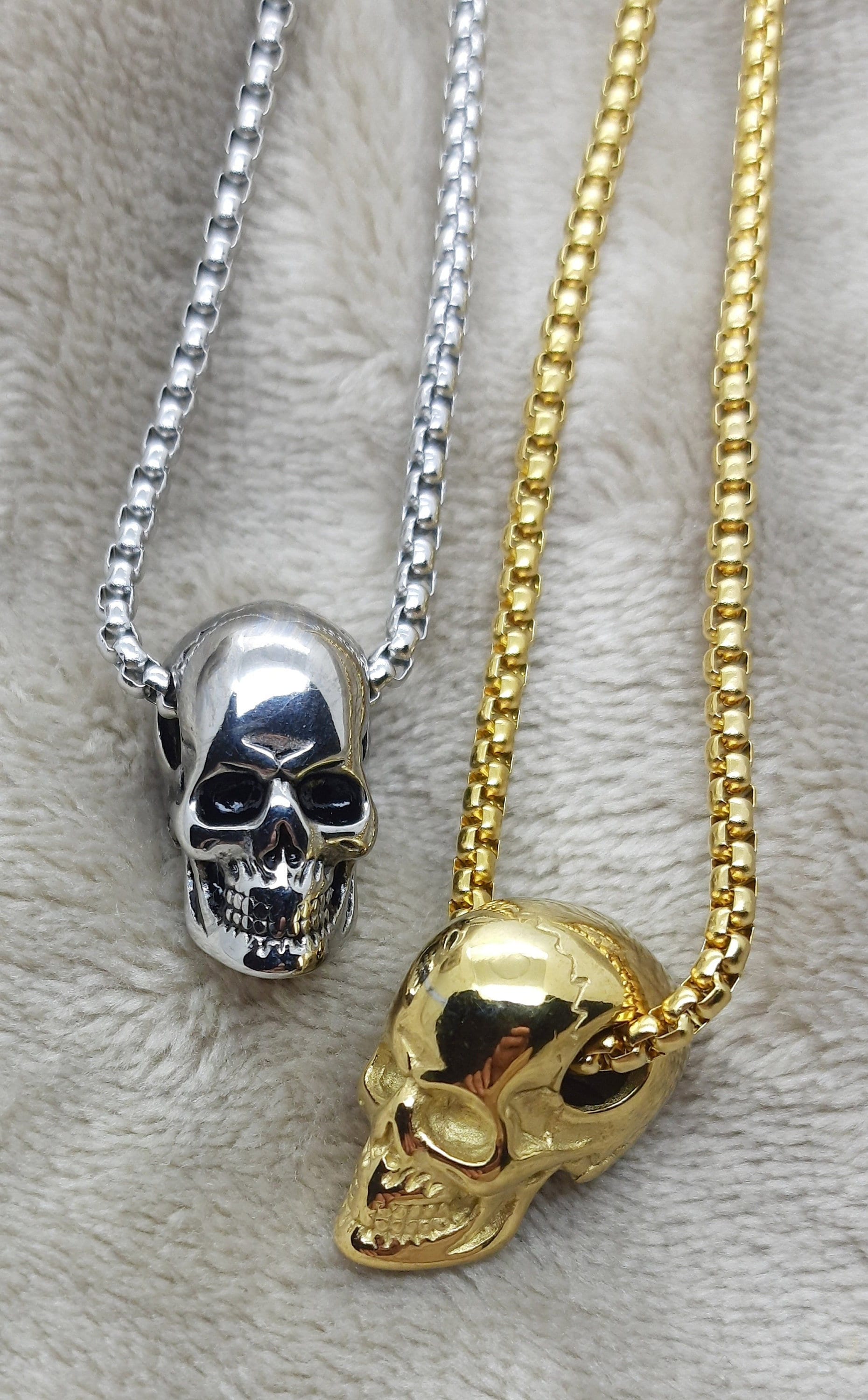 Gold Skull Pendant Necklace Bikers 