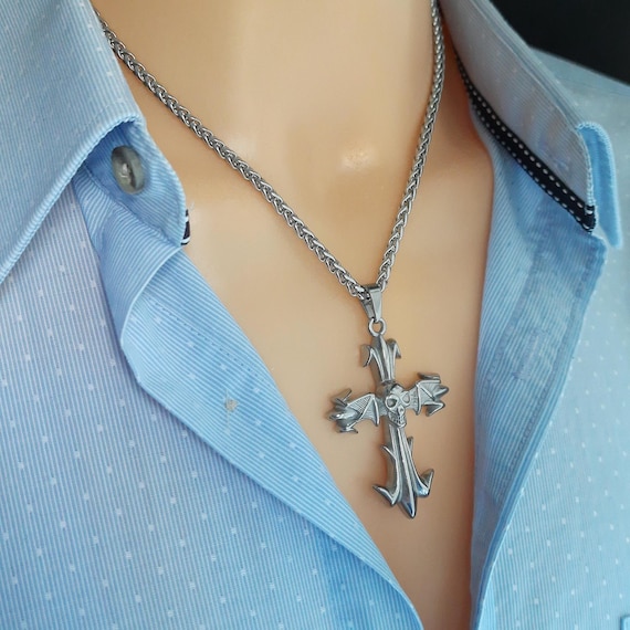Skull Cross & Bat Wings Necklace: Gothic Biker Pendant - Etsy UK
