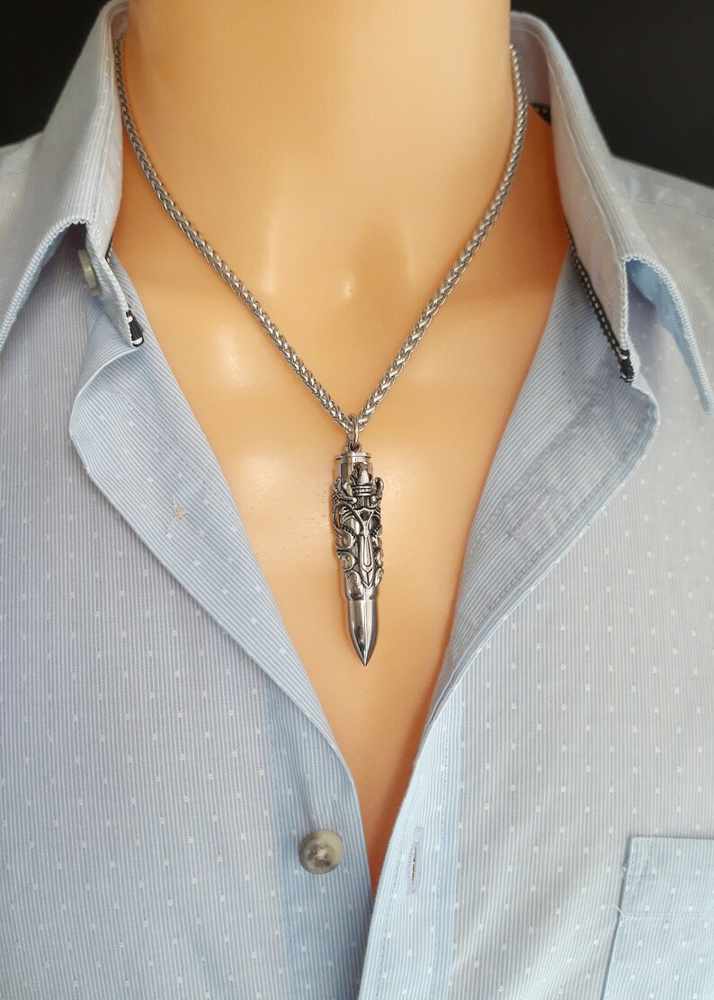 Bullet capsule pendant necklace with dragons and sword emblem, capsule pendant, imitation bullet, cremation necklace, snowstarpendants