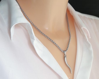 Italian Horn Necklace in Solid Sterling Silver - Cornicello Corno