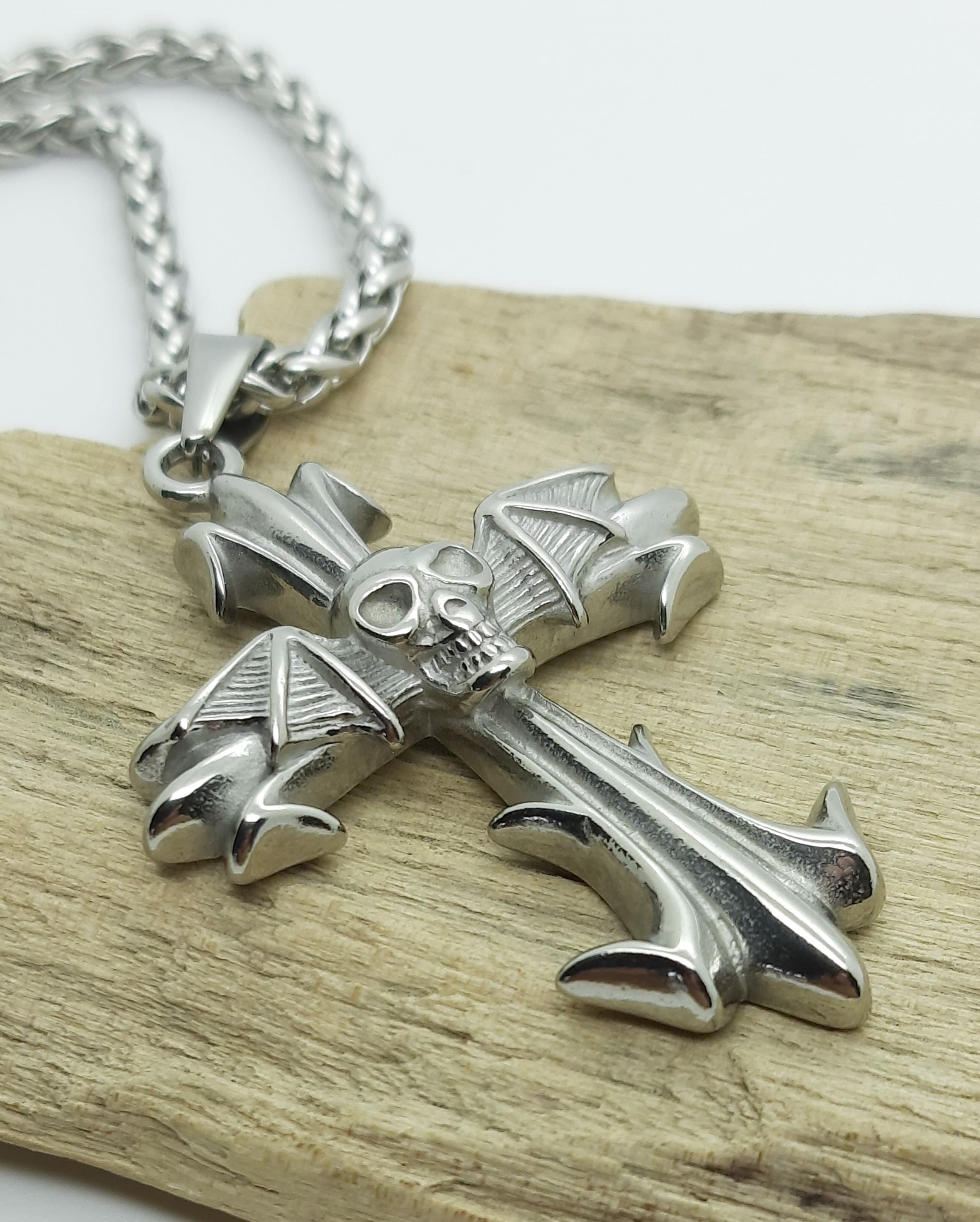 Skull Cross & Bat Wings Necklace: Gothic Biker Pendant - Etsy